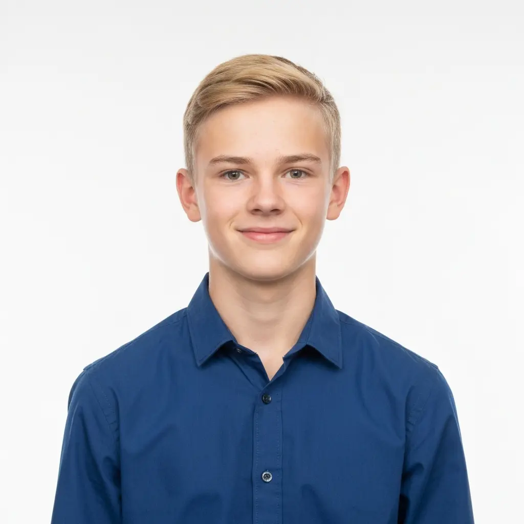 passport photo of a teenager on a white background